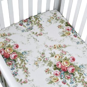 Brandream Crib Sheets Girl Soft Cotton Floral Toddler Sheets Printed, All Seasons Use Cozy Vintage Shabby Baby Nursery Bed Sheets for Standard Crib and Toddler Mattress, White Green Pink Nursery Decor