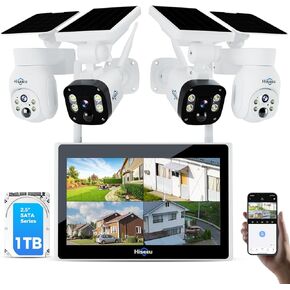 Hiseeu Solar Security Camera System, 4MP 100% System with 10" LCD, 360° PTZ, Color Night Vision, Motion Detection, 2.4G WiFi Home Security System, No Subscription Fees, 1TB HDD Included
