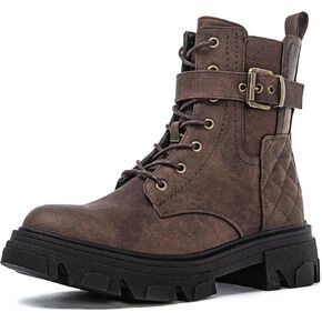 GLOBALWIN Women's Combat Boots Lace Up Ankle Booties Comfortable Lug Sole Boots For Women Chunky Low Heel