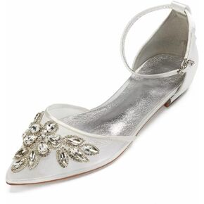 Mesh Rhinestones Wedding Flats for Bride Pointed Toe Formal Party Dress Shoes Flat
