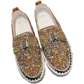 Women's Fashion Sneakers Platform Rhinestones Glitter Slip On Casual Shoes Cute Bowknot Flat Loafers Walking Wedding Dress Shoes