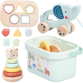 PREXTEX 3-in-1 Wooden Sorting and Stacking Toys - Includes 3D Shapes Sorting Box, 5 Stacking Rings with Bear, Elephant with Wheels - Develops Motor Skills - Ages 18 Months up