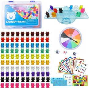100 Pcs Transparent Bear Counters, Counting Animal Matching Games Color Sorting Toys, Translucent Toys for Light Table, Includes 11 Activity Cards