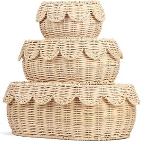 3 Pcs Small Scalloped Basket, Hand Woven Rattan Basket Set Round Wicker Basket with Lid 16 x 11 x 6 In Wicker Storage Basket for Storage Nursery, Baby, Clothes, Toys Bathroom Decor (S+M+L)