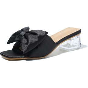 Heiyom Women's Square Toe Low Block Chunky Heels Mules Sandals Bowknot Slip on Clear Heels Wedding Bridal Party Dress Shoes in Kuwait