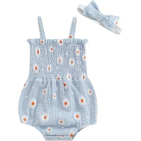 Newborn Baby Girl Summer Bodysuit Daisy Print One Piece Ruffle Strap Romper Jumpsuit Cotton Playsuit with Headband