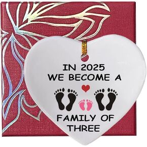 in 2025 We Became a Family of Three Ornament Keepsake Sign Heart Plaque,Newborn Baby Boy,Girl, First Time Mom Dad Gift Pregnancy Gift, Family of Three Ceramic Ornament ﻿ (Pink)