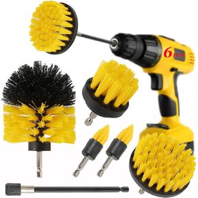 6Pcs Drill Brush Cleaning Attachment Set for Shower，Yellow Power Scrubber Brushes with Extend Long Attachment for Bathroom Bathtub, Multifunctional Electric House Cleaning Supplies Tools