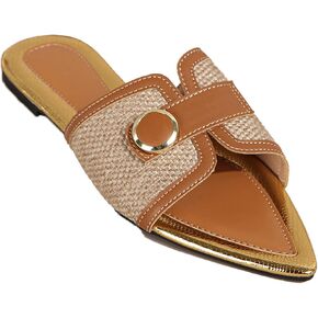 Women's Linen Fashion Pointed Toe Flat Slides Sandals Comfortable Lightweight Non-Slip Open Toe Slip On Summer Beach Slippers