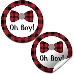 Little Man Bow Tie Buffalo Plaid Suspenders Baby Sprinkle Baby Shower Thank You Sticker Labels for Boys, 40 2" Party Circle Stickers by AmandaCreation, Great for Party Favors, Envelope Seals & Goodie