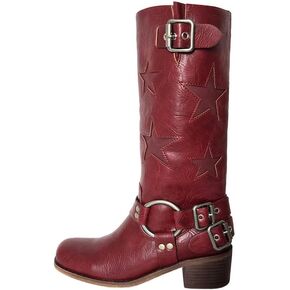 Women's Knee High Riding Boots Square Toe Chunky Block Heel Fashion Buckle Motocycle Biker Boots with Stars