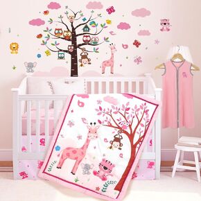 Sunnyray 6 قطع ديكور غرفة حيوانات الغابة الوردية لفتاة طفلة ديكورات غرفة سفاري حيوانات حضانة الطفل سرير الفراش مجموعة وردية الغابة قشر وعصا فتاة حضانة جدار صائق لغرفة نوم الطفل in Kuwait
