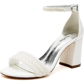 High Block Heel Wedding Sandals Beaded Wedding Shoes for Bride Ankle Strap Bridal Heels