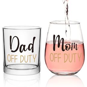 Futtumy Dad and Mom Gift Set, Dad & Mom off Duty Whiskey Glass and Stemless Wine Glass Combo, Gift for Father’s Day Mother’s Day Christmas Birthday Daily Use Baby Shower for Dad Mom New Parents