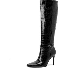 GOSERCE Women's Black Knee High Boots Tall Boots Pointed Toe Stiletto 3.54 inch High Heel Long Boots for Women Faux Crocodile Boots