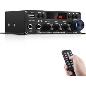 جهاز استقبال مضخم صوت ستيريو لمكبرات الصوت المنزلية، AK-390 Bluetooth5.0 HiFi Mini Audio Amp 2.0 قناة RMS 40W X 2 مضخمات مكونات الصوت مع محول 12V/5A، راديو FM، مدخل (BT، USB، AUX، Mic)