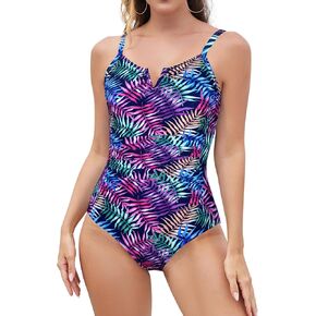 SHEKINI Women's Tummy Control One Piece Bathing Suit V-Wired Monokini Vintage Shirred Swimsuit
