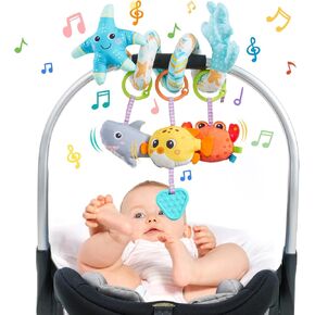Jollybaby Crib Stroller Car Seat Toys for Baby 0-3-6-9-12 Months, Tummy Time Hanging Sensory Toys for Newborn with Music Box and Teether, Spiral Carseat Toy for Infant Boys Girls Gifts (Yellow)