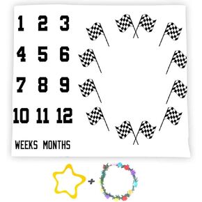 F-FUN SOUL Race Car Flags Baby Monthly Milestone Blanket 48x40in Racing Sports Theme Nursery Blanket Newborns Mom Gifts Baby Shower Growth Tracker with Bonus Marker DSFS130