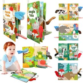 2 PCS Baby Books 0-6 Months,3D Animal Tails Baby Soft Cloth Book,High Contrast Sensory Books for Babies,Washable Baby Books Crinkle Cloth Books with Squeaker Newborn Books Baby Toys Xmas Gift