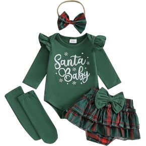 My First Chtistmas Baby Girl Outfits Ruffle Long Sleeve Romper Plaid Tutu Shorts Headband Socks 4pcs Fall Clothes