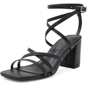 LACUONE Strappy Heels for women Square Toe Chunky Block Heels Ankle Buckle Pump Heeled Sandals