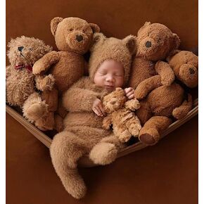 Newborn Photography Props Photo Posing Outfits, 2 PCS Mohair Bear Newborn Photoshoot Costume Outfits, (Fits for 0-1 Month Baby Boys) Crochet Knitted Romper, (Bodysuit+Hat, Brown)