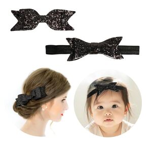 Mommy and Baby Girls Sparkle Bow Hair Accessories Newborn Toddler Elastic Hair Bow Headbands Bow-knot Hair Clips Barrette Mommy Daughter Baby Matching Outfits (Silver, one size)