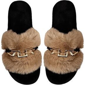 Verdusa Women's Fuzzy Slippers Cozy Plush Home Slippers Chain Decor Furry Open Toe House Shoes