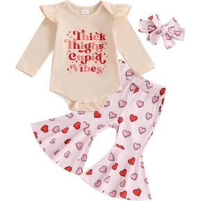 First Valentines Day Baby Girl Outfit Newborn Valentine Long Sleeve Ruffle Romper Bell Bottoms Headband Fall Clothes