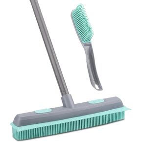 Green Rubber Broom with 27-49" Handle,Pet Hair Removal Brush with Squeegee, Portable Detailing Lint Remover, Soft Push Broom for Fluff Carpet, Hardwood, Tile, Window