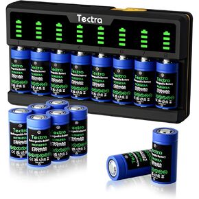Tectra 8-Slot USB Rapid Charger with 3.7V 750mAh 123A Rechargeable Batteries 16 Pack for Arlo Cameras (VMC3030/VMK3200/VMS3330/3430/3530), Flashlight