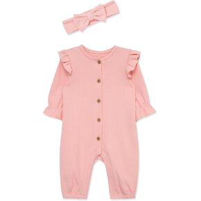 Little Me Simply Essential Solids 100% Organic Clothes for Baby Girls' Jumpsuit and Headband Set, 3 Months - 12 Months
