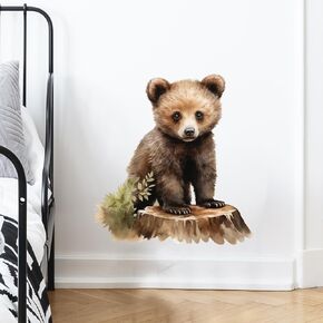 Lifelike Bear Standing on Tree Stump Wall Stickers for Nursery Little Bear Animal Wall Decal Stickers Peel and Stick Wall Art Home Decor Wall Stickers for Living Room Bedroom Classroom