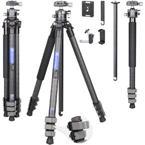 Compact Lightweight Carbon Fiber Tripod with Arca Panoramic 34mm Ball Low ProfileTripod Head Flip Lock Carbon Travel Camera Stand Detachable Monopod for DSLR Digital Camcorder Max Load 44.1lbs/20kg