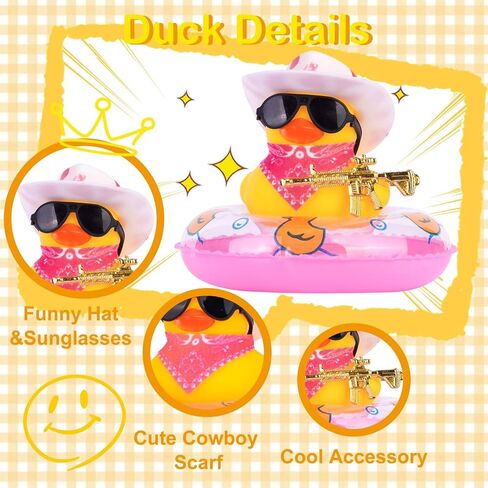 زينة سيارة على شكل بطة مطاطية مكونة من قطعتين من زخارف لوحة قيادة السيارة على شكل بطة رعاة البقر مع ملحقات رائعة وحلقة سباحة صغيرة وقبعة شمسية ووشاح أو قلادة لتزيين لوحة قيادة السيارة in Kuwait