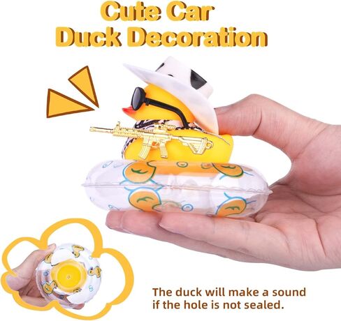 زينة سيارة على شكل بطة مطاطية مكونة من قطعتين من زخارف لوحة قيادة السيارة على شكل بطة رعاة البقر مع ملحقات رائعة وحلقة سباحة صغيرة وقبعة شمسية ووشاح أو قلادة لتزيين لوحة قيادة السيارة in Kuwait