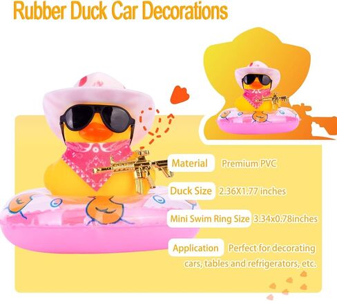 زينة سيارة على شكل بطة مطاطية مكونة من قطعتين من زخارف لوحة قيادة السيارة على شكل بطة رعاة البقر مع ملحقات رائعة وحلقة سباحة صغيرة وقبعة شمسية ووشاح أو قلادة لتزيين لوحة قيادة السيارة in Kuwait