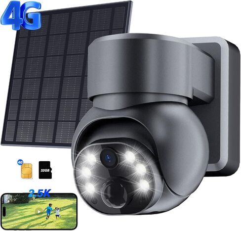 4G LTE Cellular Security Camera, 2.5K 360° View Solar Security Camera Includes SD/SIM Card, Wireless Outdoor Camera with Full-Color Night Vision, Siren Alarm, PIR Sensor, IP65 in Saudi Arabia