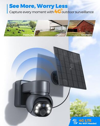 4G LTE Cellular Security Camera, 2.5K 360° View Solar Security Camera Includes SD/SIM Card, Wireless Outdoor Camera with Full-Color Night Vision, Siren Alarm, PIR Sensor, IP65 in Saudi Arabia