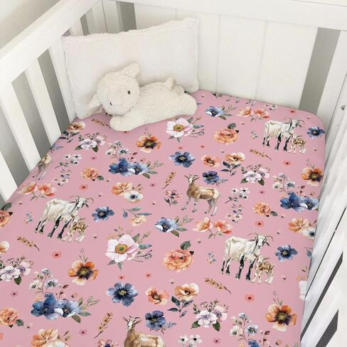 Goat Retro Boho Floral Baby Crib Sheets 52''x28'' Watercolor Goat Lamb Flowers Snug Fitted Crib Mattress Cover for Boy Girl Farm Animals Life Soft Baby Sheets for Standard Crib and Toddler Mattress in Saudi Arabia
