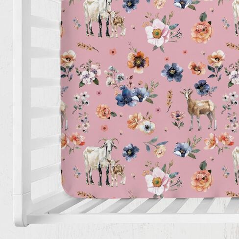 Goat Retro Boho Floral Baby Crib Sheets 52''x28'' Watercolor Goat Lamb Flowers Snug Fitted Crib Mattress Cover for Boy Girl Farm Animals Life Soft Baby Sheets for Standard Crib and Toddler Mattress in Saudi Arabia