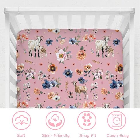 Goat Retro Boho Floral Baby Crib Sheets 52''x28'' Watercolor Goat Lamb Flowers Snug Fitted Crib Mattress Cover for Boy Girl Farm Animals Life Soft Baby Sheets for Standard Crib and Toddler Mattress in Saudi Arabia