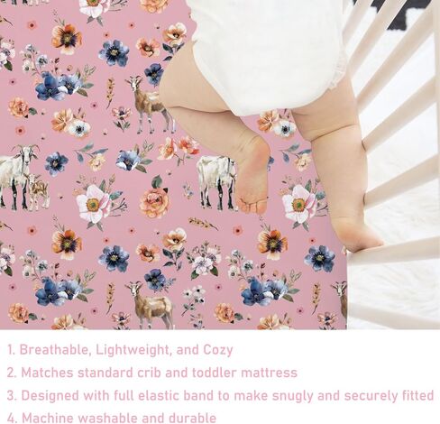 Goat Retro Boho Floral Baby Crib Sheets 52''x28'' Watercolor Goat Lamb Flowers Snug Fitted Crib Mattress Cover for Boy Girl Farm Animals Life Soft Baby Sheets for Standard Crib and Toddler Mattress in Saudi Arabia