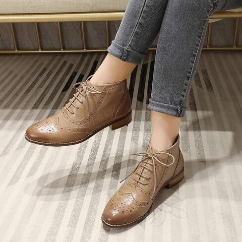 Mona flying Women's Leather Lace-up Wingtip Oxfords Brogue Boots Ankle High Vintage Tie up Booties Ladies Low Heel Short Boots in Saudi Arabia