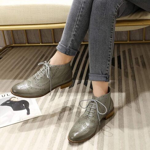 Mona flying Women's Leather Lace-up Wingtip Oxfords Brogue Boots Ankle High Vintage Tie up Booties Ladies Low Heel Short Boots in Kuwait