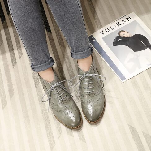 Mona flying Women's Leather Lace-up Wingtip Oxfords Brogue Boots Ankle High Vintage Tie up Booties Ladies Low Heel Short Boots in Kuwait