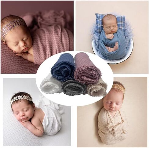 Newborn Photography Props Wraps Baby Photoshoot Infant Photo Posing Texture Knit Fringed Waffle Sweater (Dusty Pink-Wrap) in Kuwait