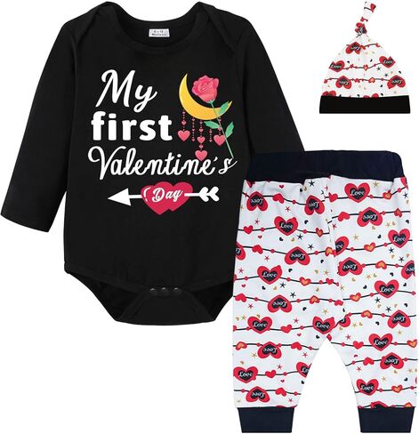 زي عيد الحب الأول للطفل الرضيع، سروال طويل الأكمام للأطفال حديثي الولادة في عيد الحب الأول مع قبعة in Kuwait