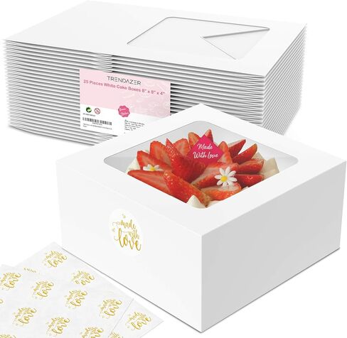 Cake Boxes 8x8x5 Inch 25 Pack with Window, 30 Bonus Sticker, Auto Popup, Extra Thick, Oil Resistant, Ideal for Cookie, Pie, Treat, Pastry, Bakery,For Home Cooker and Restaurant, White in Saudi Arabia